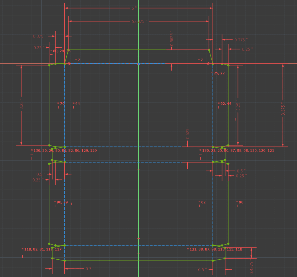 A technical computer drawing of a candy box, complete with dimensions.